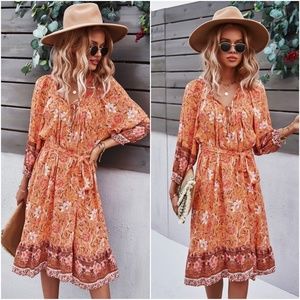 boho floral print orange belted 3/4 sleeve dress
